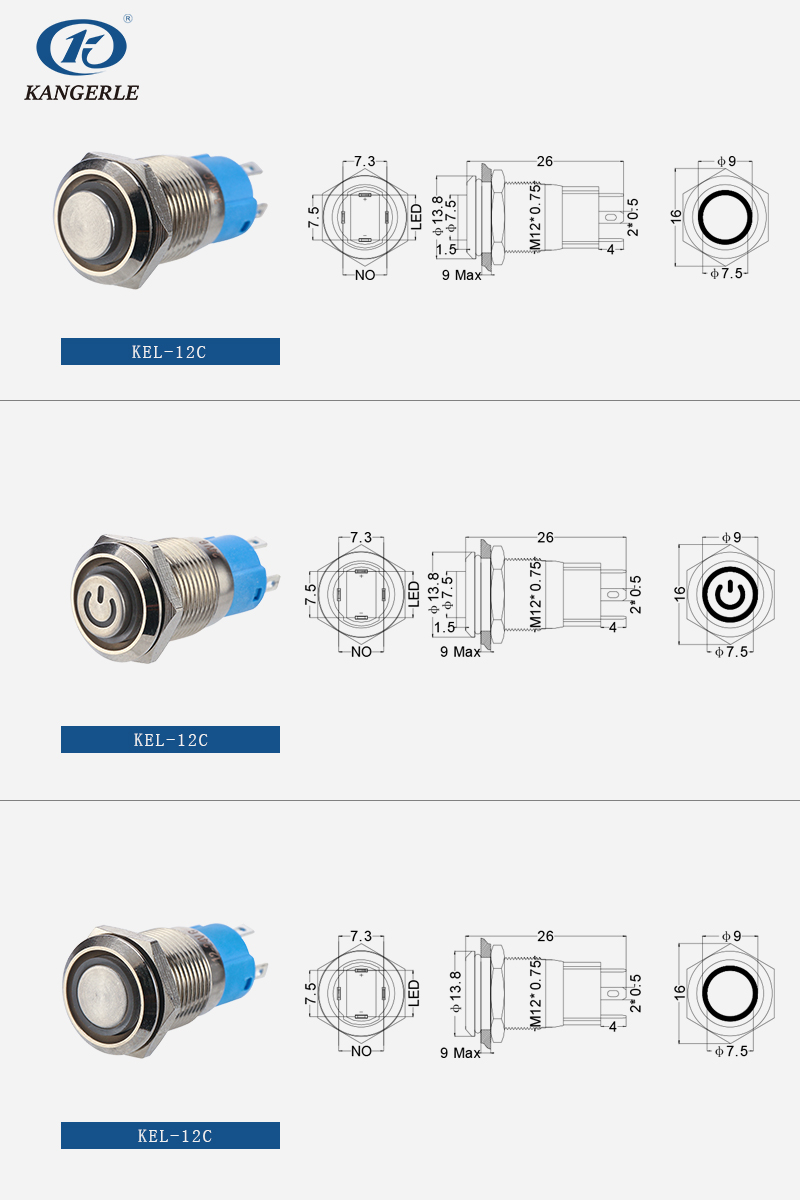 12mm illuminated waterproof stainlees steel metal push button switch 12C插图