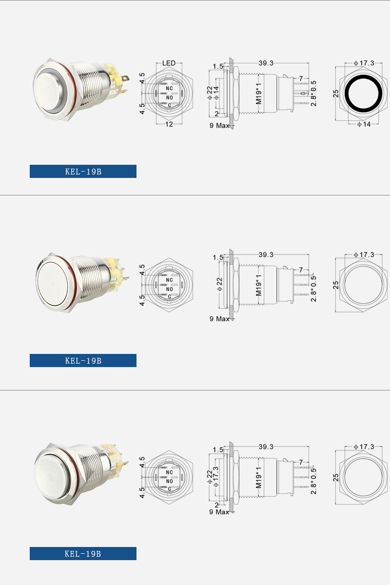 1NO 2NO 19mm waterproof metal ring LED push button switch插图1