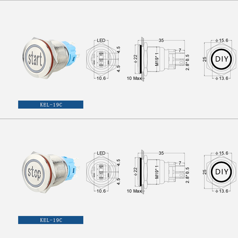 Metal push button start switch 19mm flat head with circle LED插图1