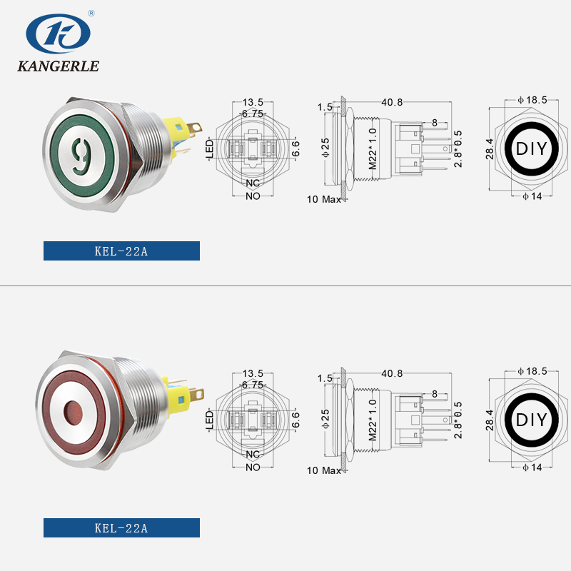 Momentary metal push button switch 22mm flat head with LED插图