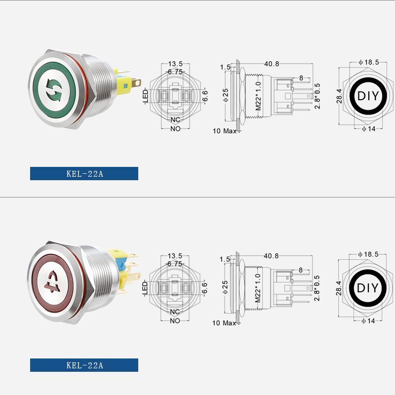 Momentary metal push button switch 22mm flat head with LED插图1