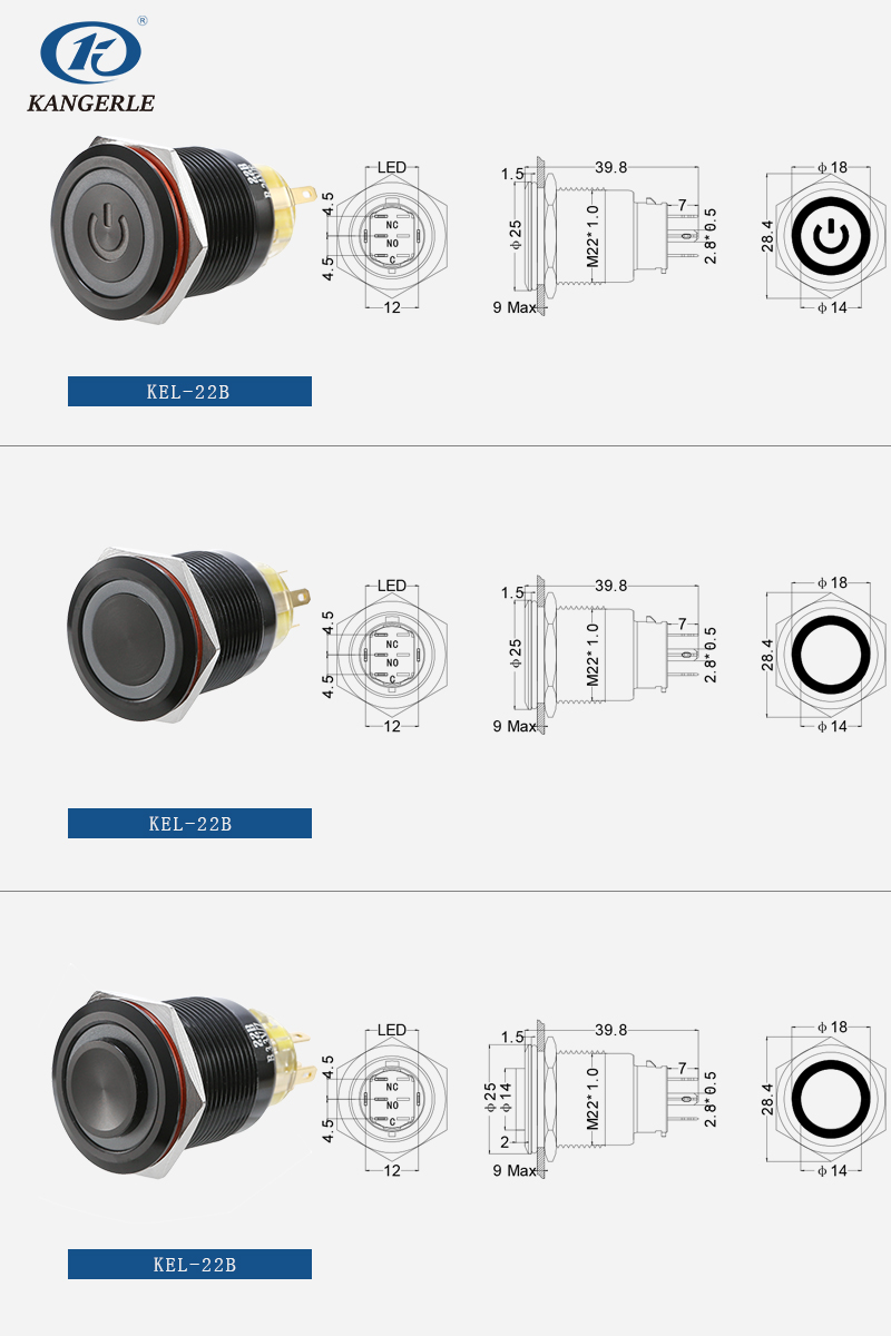 22mm Momentary black metal push button switch flat head with circle LED插图