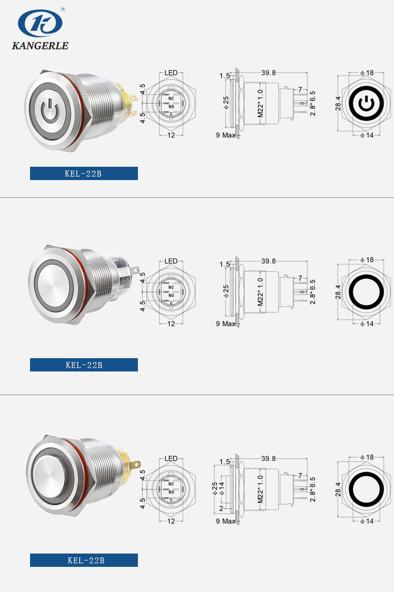 Momentary metal push button switch 22mm high head with ring LED插图