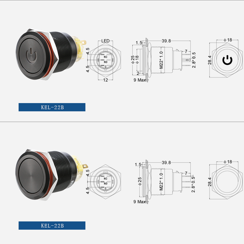 22mm Momentary black metal push button switch flat head with circle LED插图1