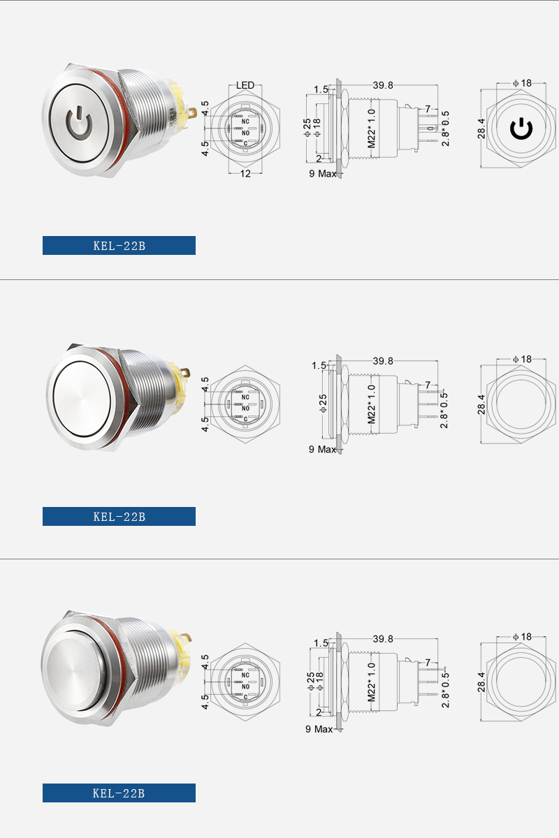 Momentary metal push button switch 22mm high head with ring LED插图1