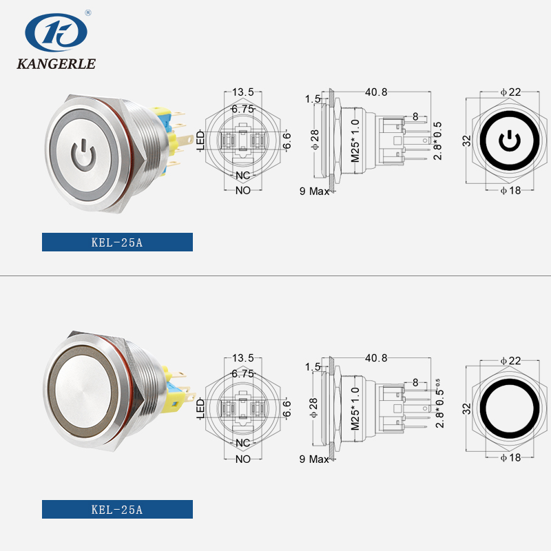 IP67 waterproof Latching metal push button switch 25mm with power circle LED插图