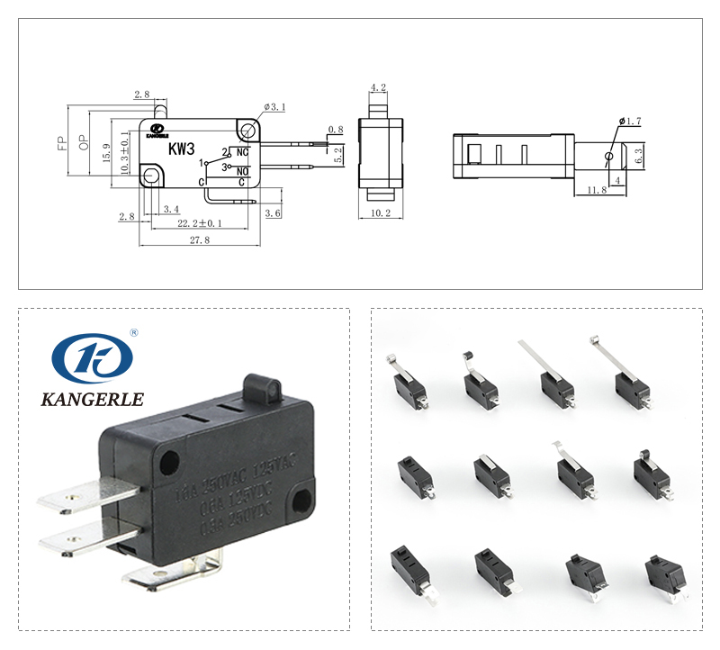 Micro switch SPDT KW3-6A-B with straight terminal插图