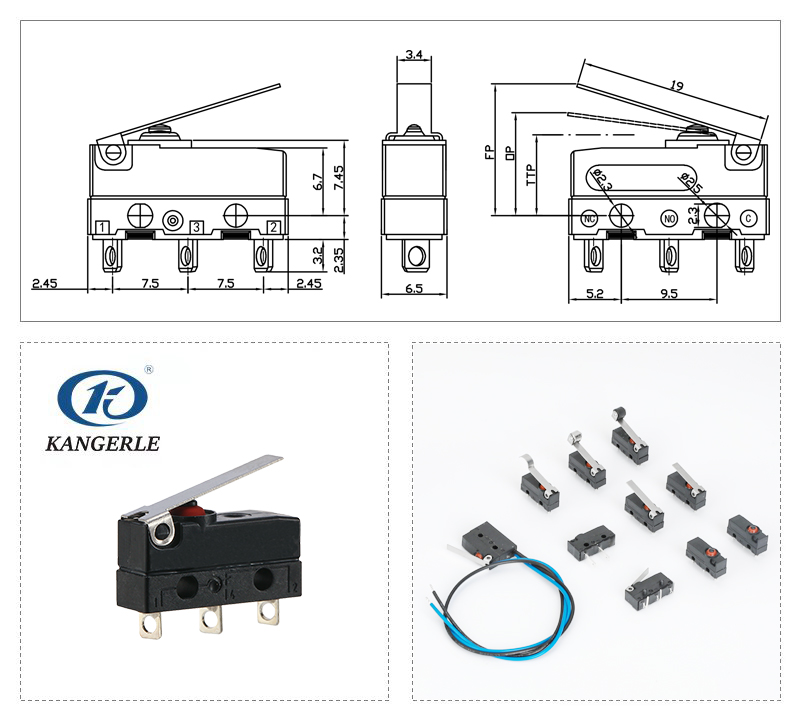3 Pin Waterproof Micro Switch Molds with Short Straight Metal Lever 19mm插图