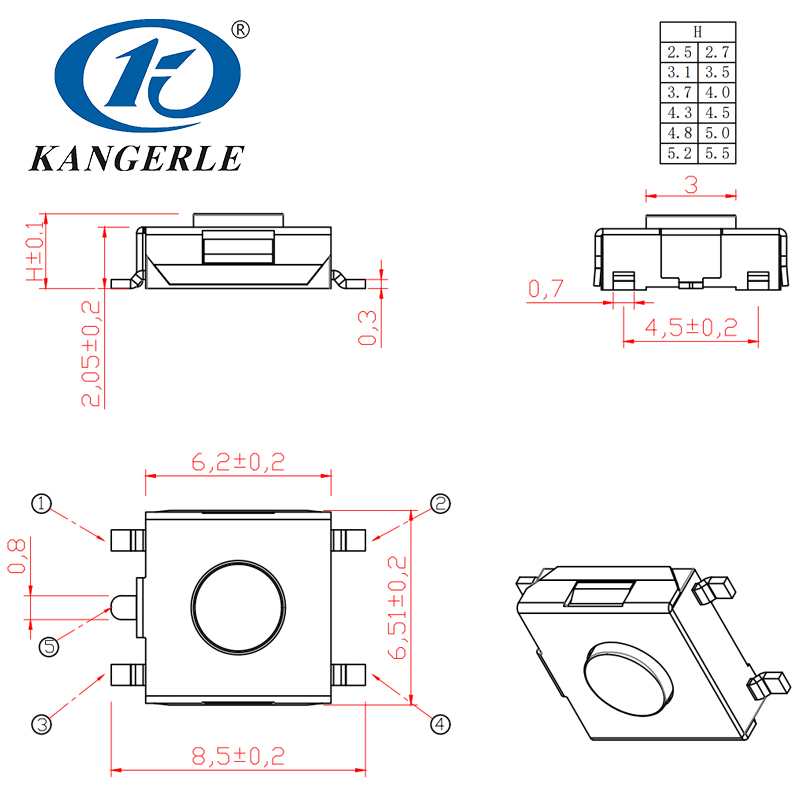 Tact switch KEL-E001 6.2×6.2×3.1H插图