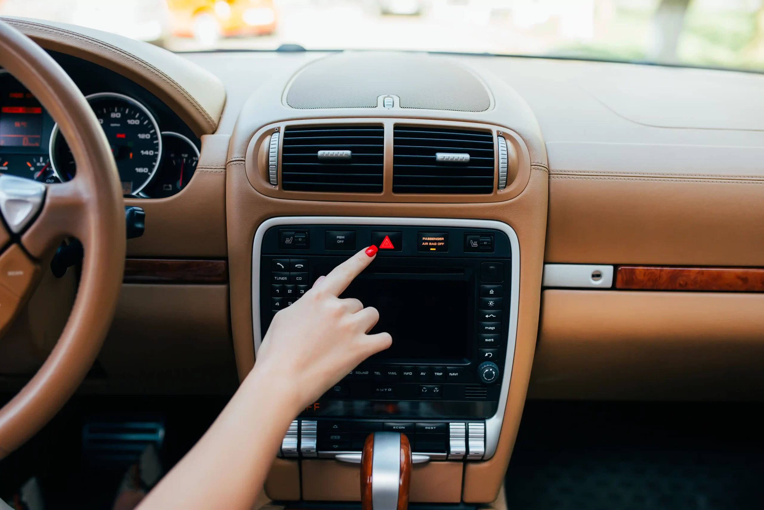 1-car-dashboard-radio-closeup-woman-sets-up-radio