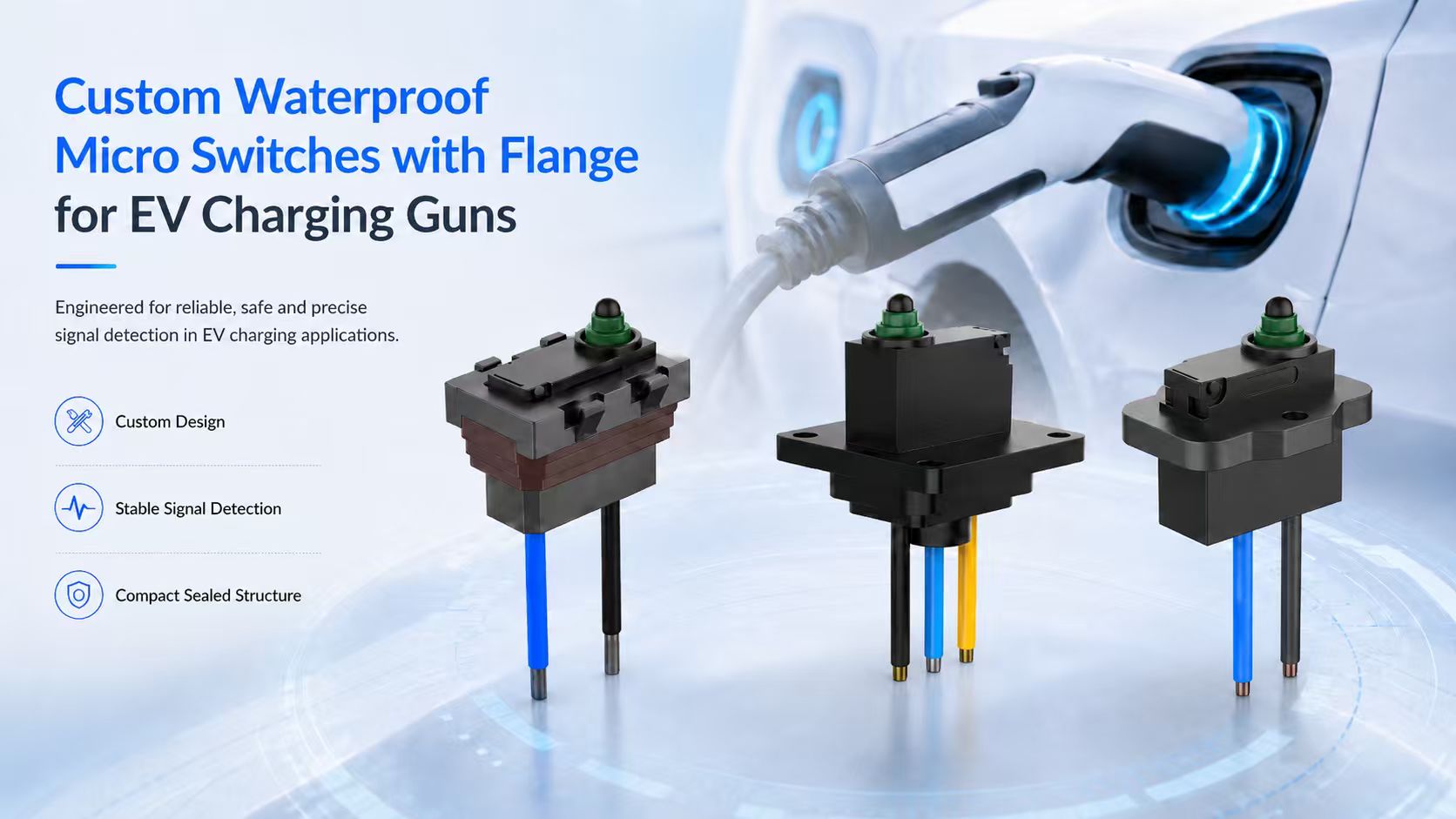 KW5 Waterproof Micro Switch for EV Charging Guns插图1 Custom Waterproof Micro Switches with Flange for EV Charging Guns