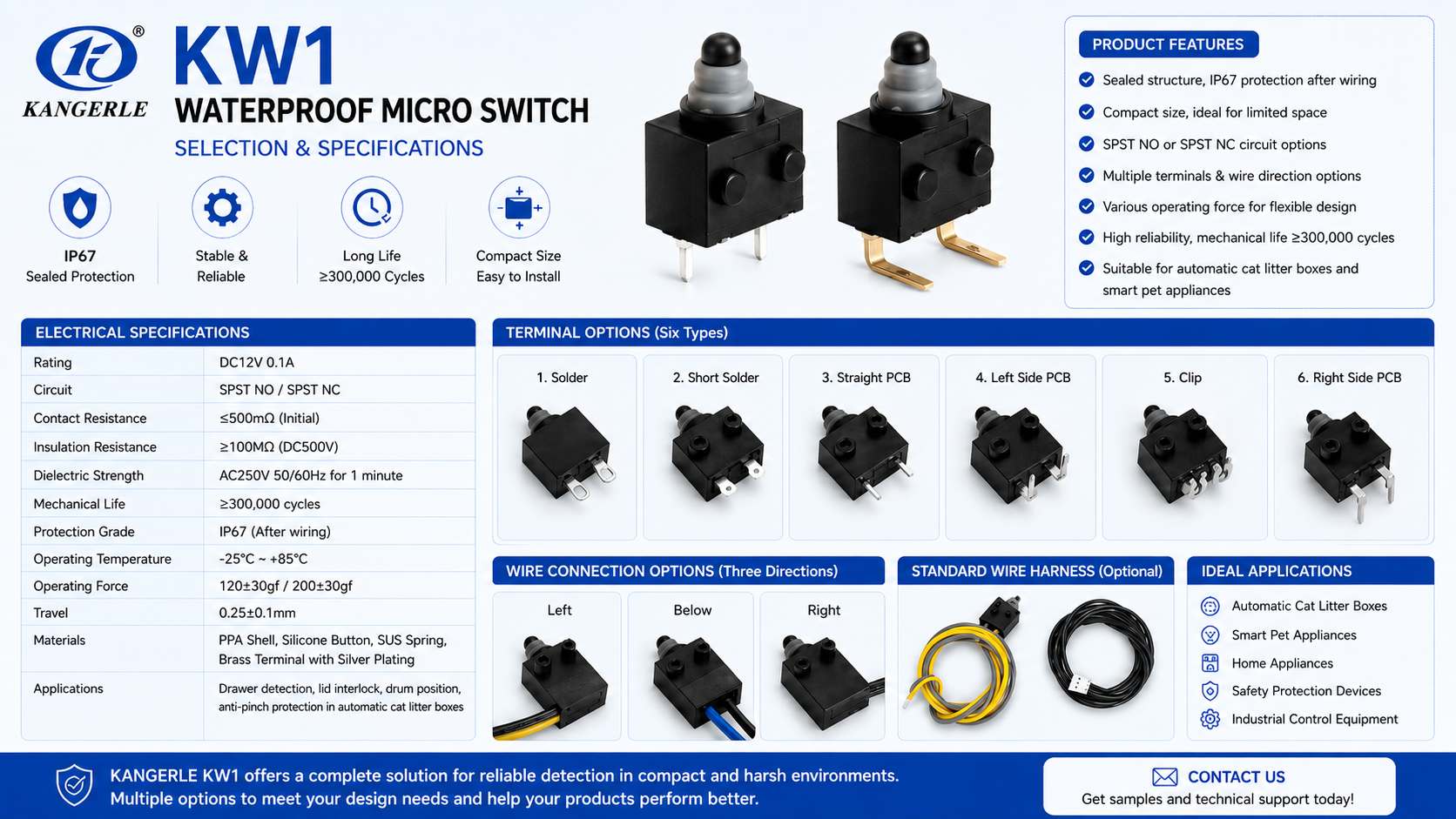 KW1 Waterproof Micro Switch for Automatic Cat Litter Boxes插图1 KW1 WATERPROOF MICRO SWITCH SELECTION & SPECIFICATIONS