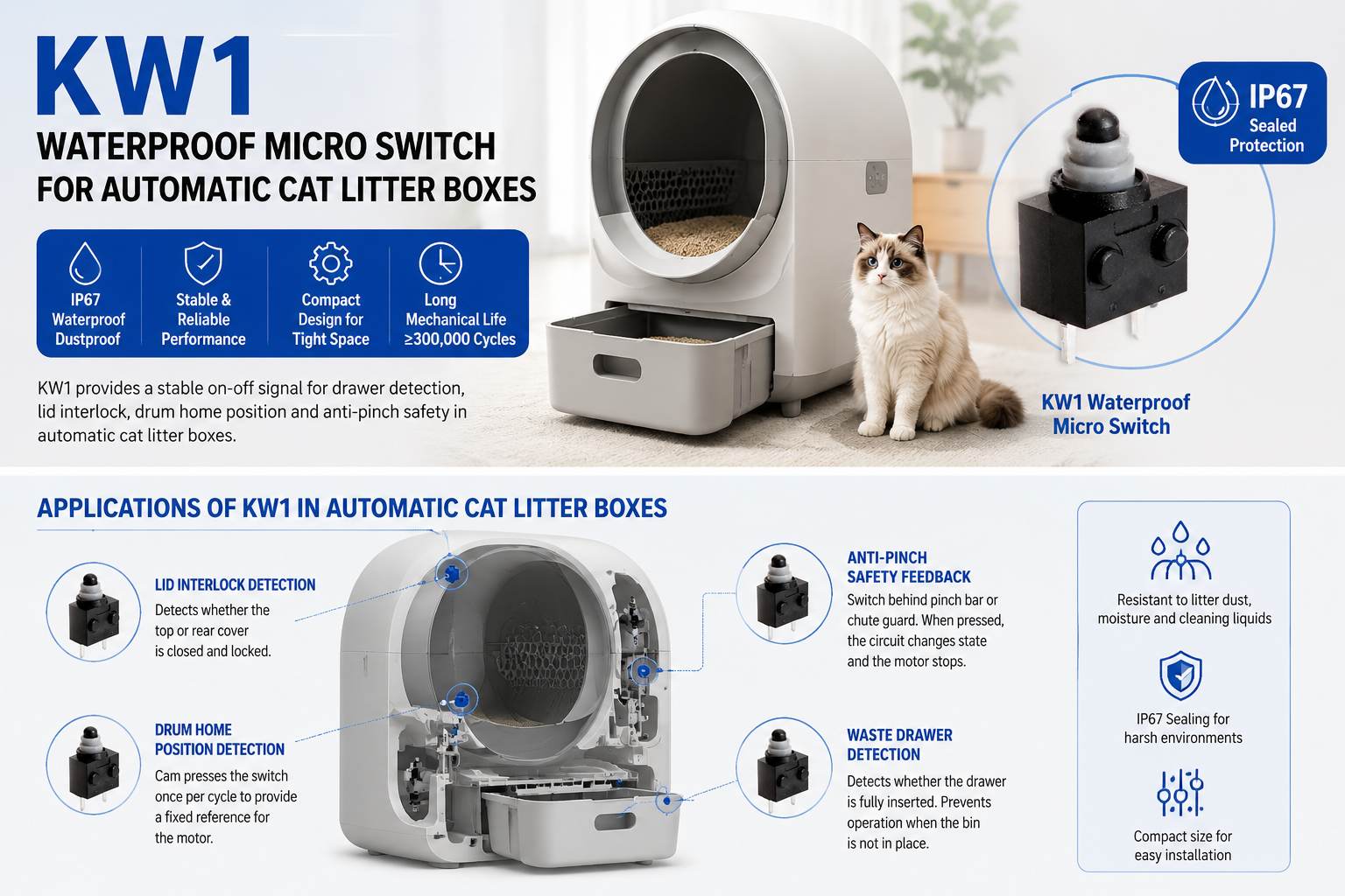 KW1 Waterproof Micro Switch for Automatic Cat Litter Boxes插图 KW1 Waterproof Micro Switch for Automatic Cat Litter Boxes