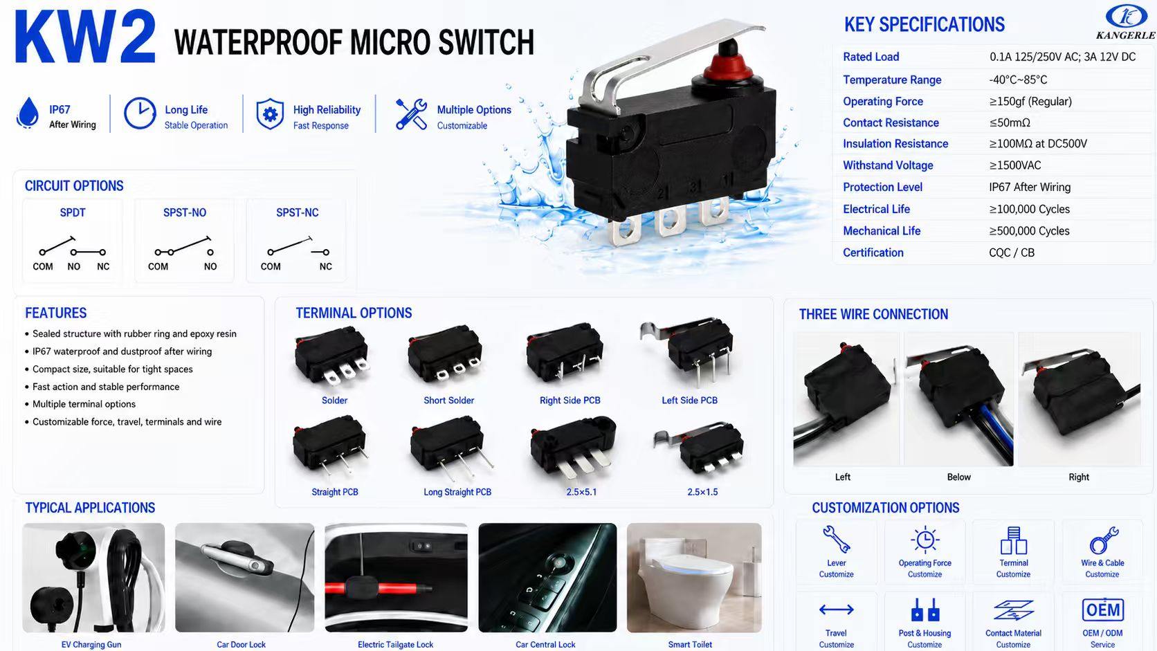 KW2 Waterproof Micro Switch for Water Pump Control插图1 KW2 WATERPROOF MICRO SWITCH