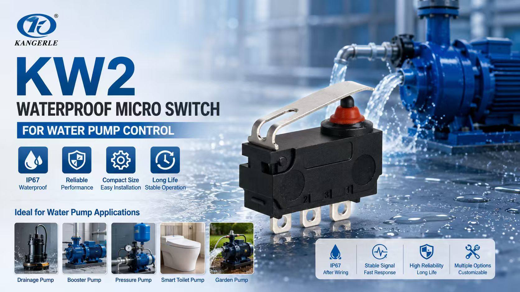 KW2 Waterproof Micro Switch for Water Pump Control插图 KW2 Waterproof Micro Switch for Water Pump Control