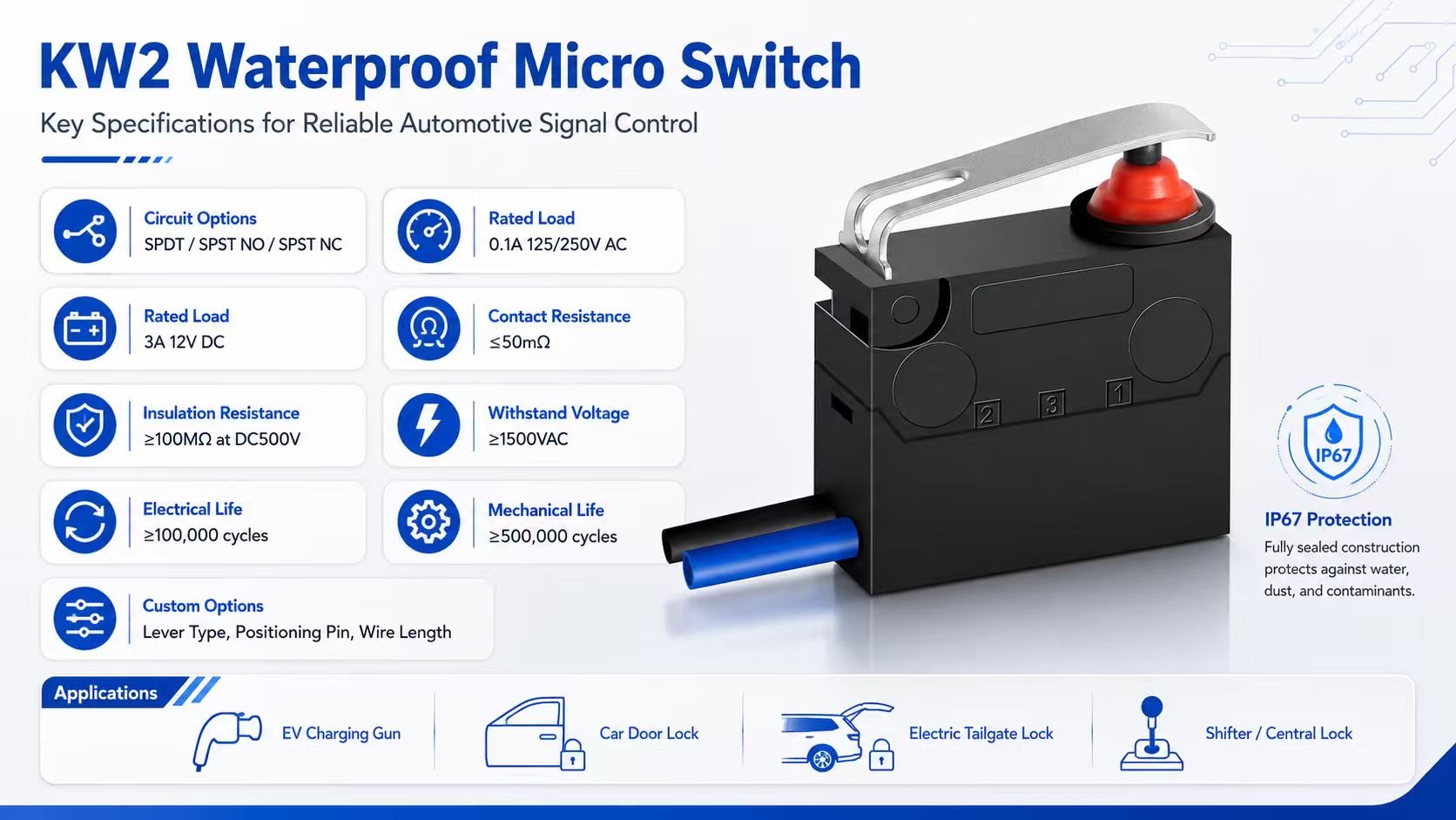 Waterproof Micro Switches for Reliable Automotive Control插图1 KW2 Waterproof Micro Switch