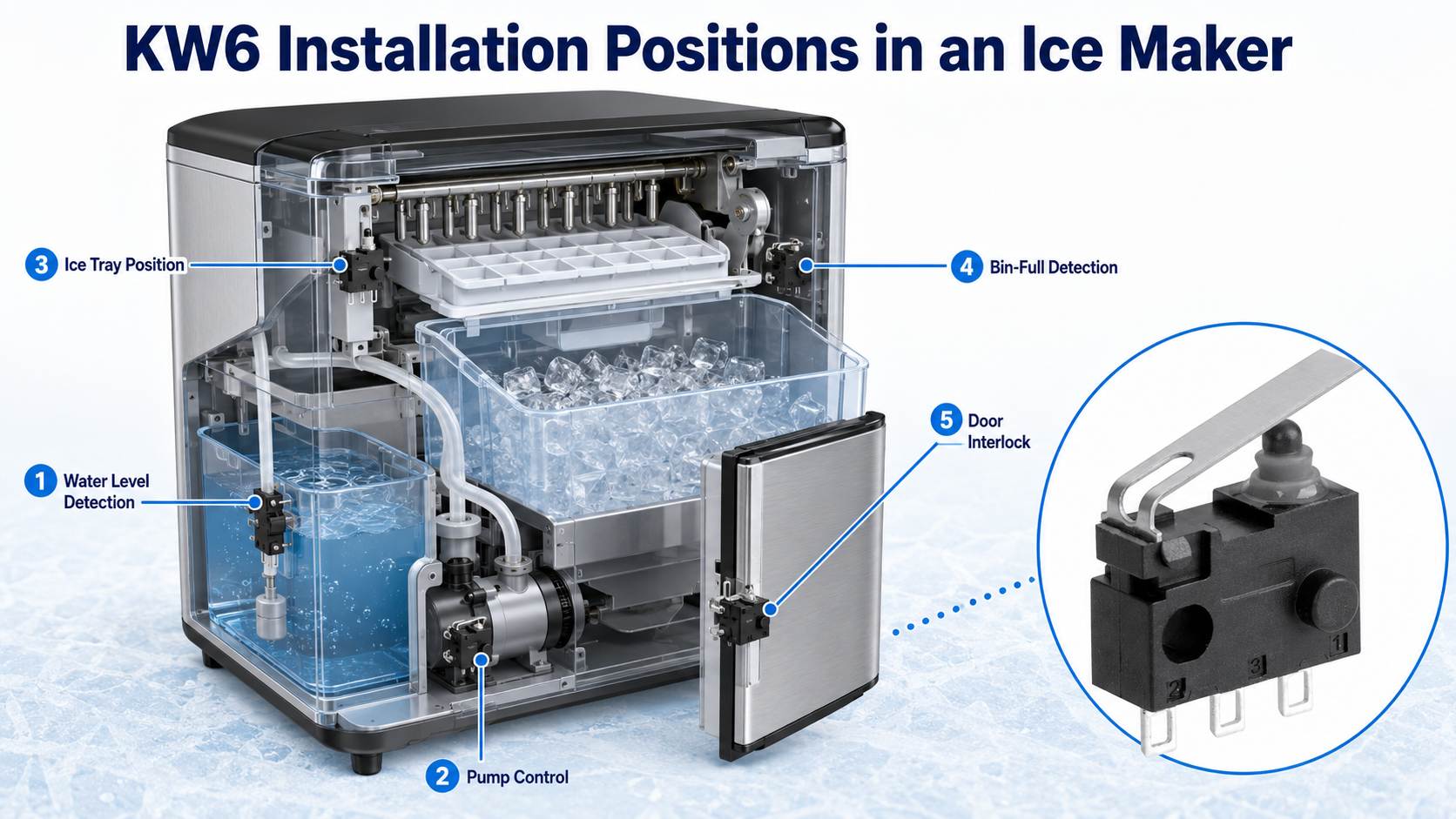 Kangerle KW6 Waterproof Micro Switch for Ice Makers插图1 KW6 Installation Positions in an Ice Maker
