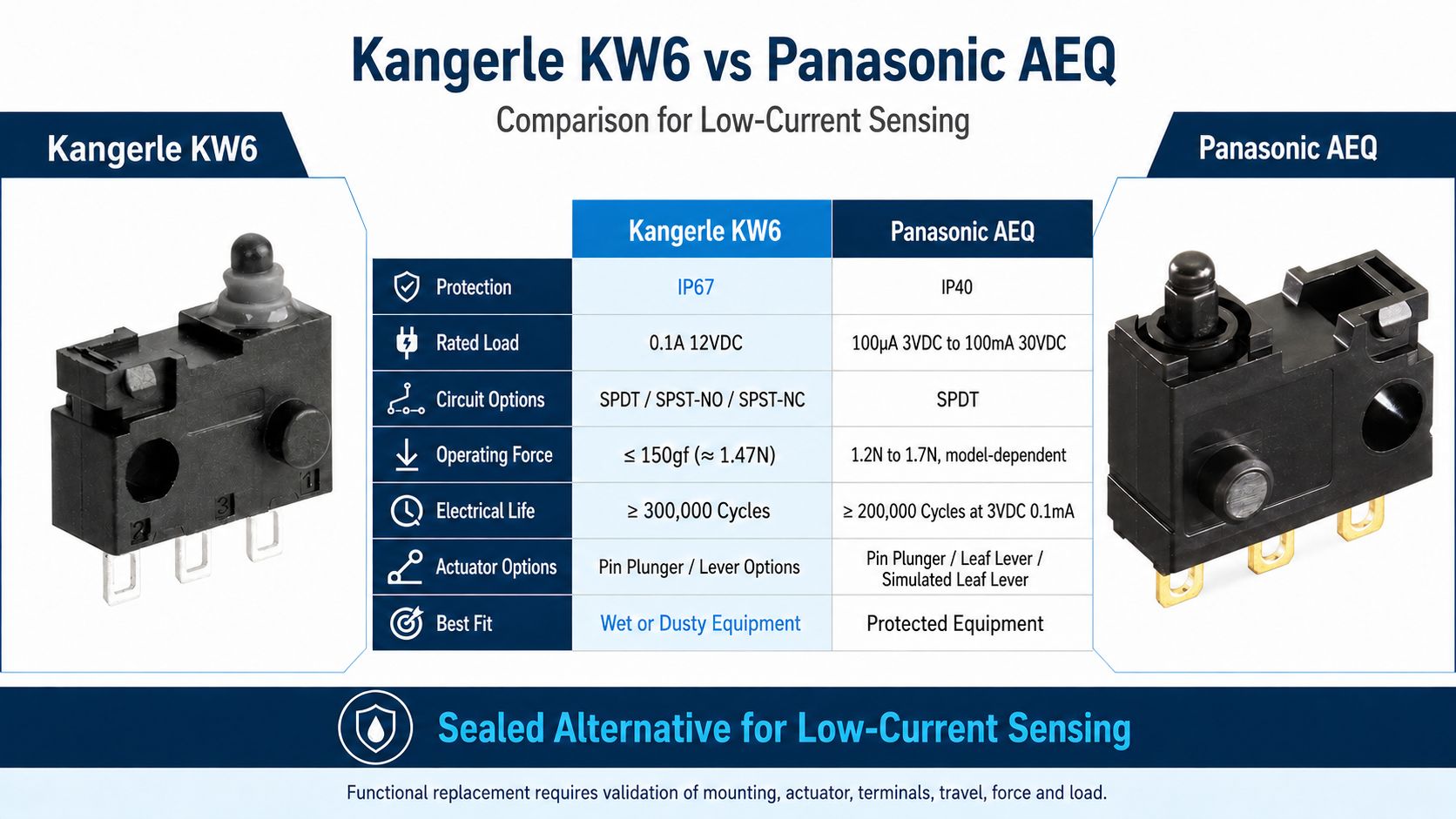 Kangerle KW6 Waterproof Micro Switch for Ice Makers插图2 Kangerle KW6 vs Panasonic AEQ