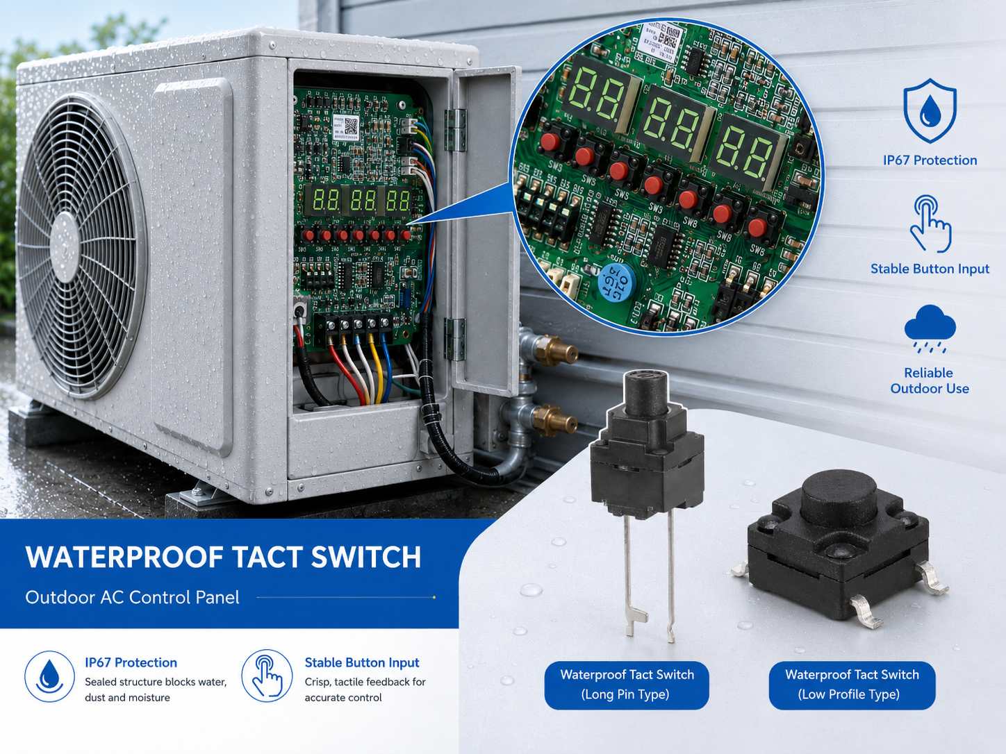 Waterproof Micro Switches for Smart Home Appliances插图3 WATERPROOF TACT SWITCH for Outdoor AC Control Panel