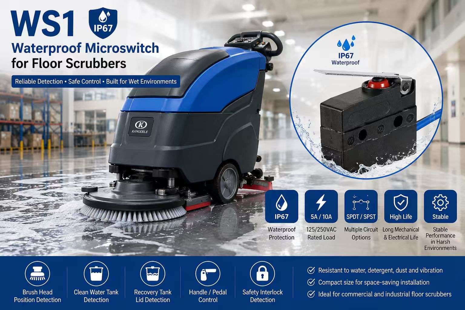 WS1 Waterproof Microswitch for Floor Scrubbers插图 WS1 Waterproof Microswitch for Floor Scrubbers