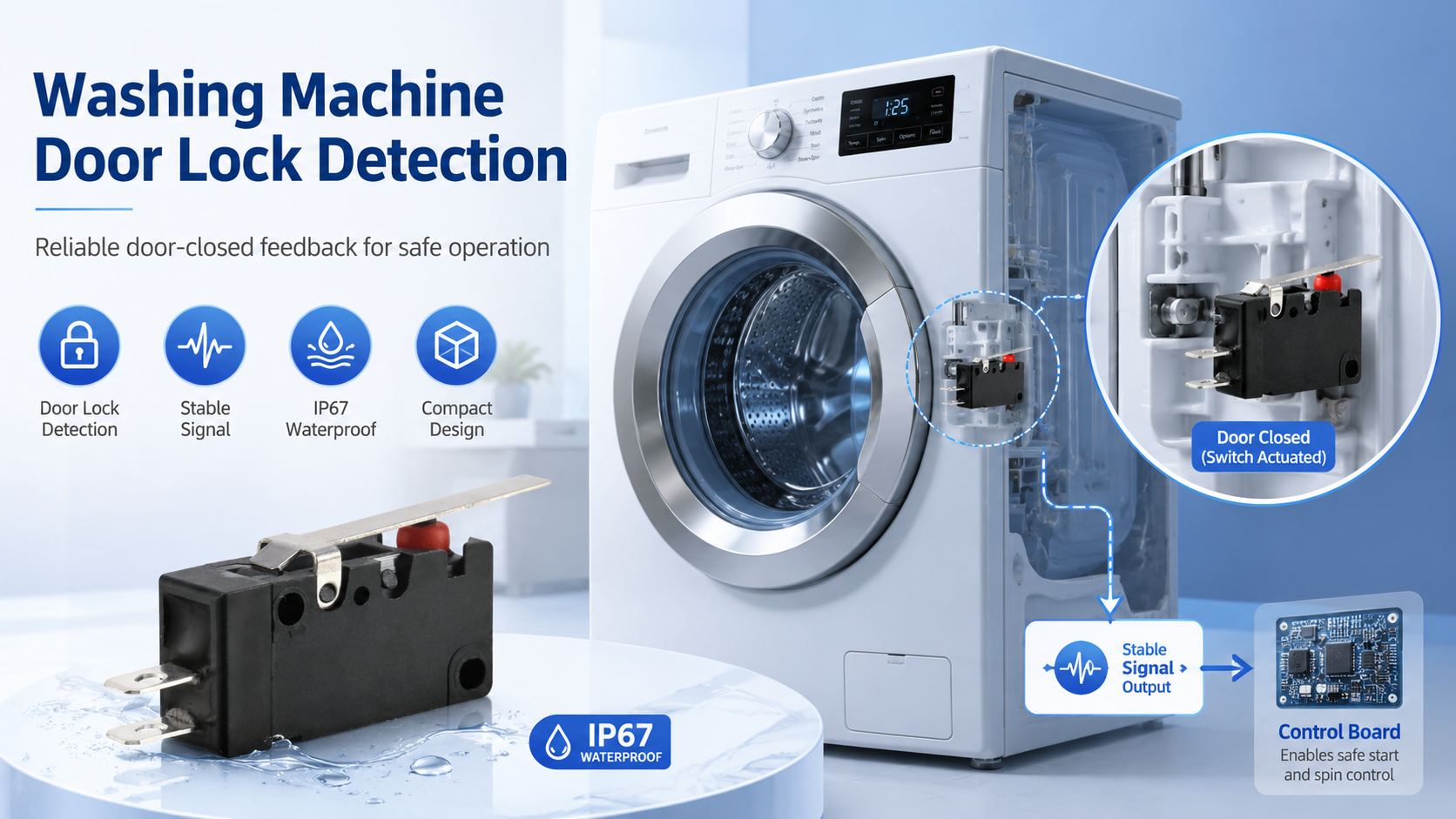 Waterproof Micro Switches for Smart Home Appliances插图1 Washing Machine Door Lock Detection