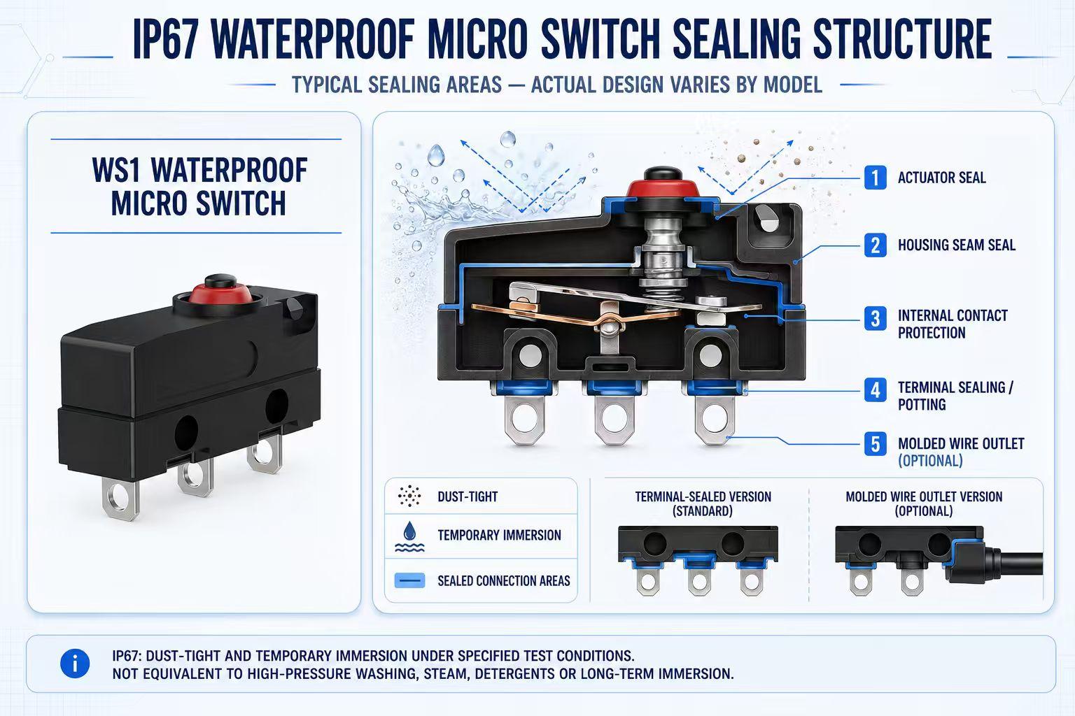 How to Choose Between Standard and Waterproof Micro Switches插图1 IP67 WATERPROOF MICRO SWITCH SEALING STRUCTURE