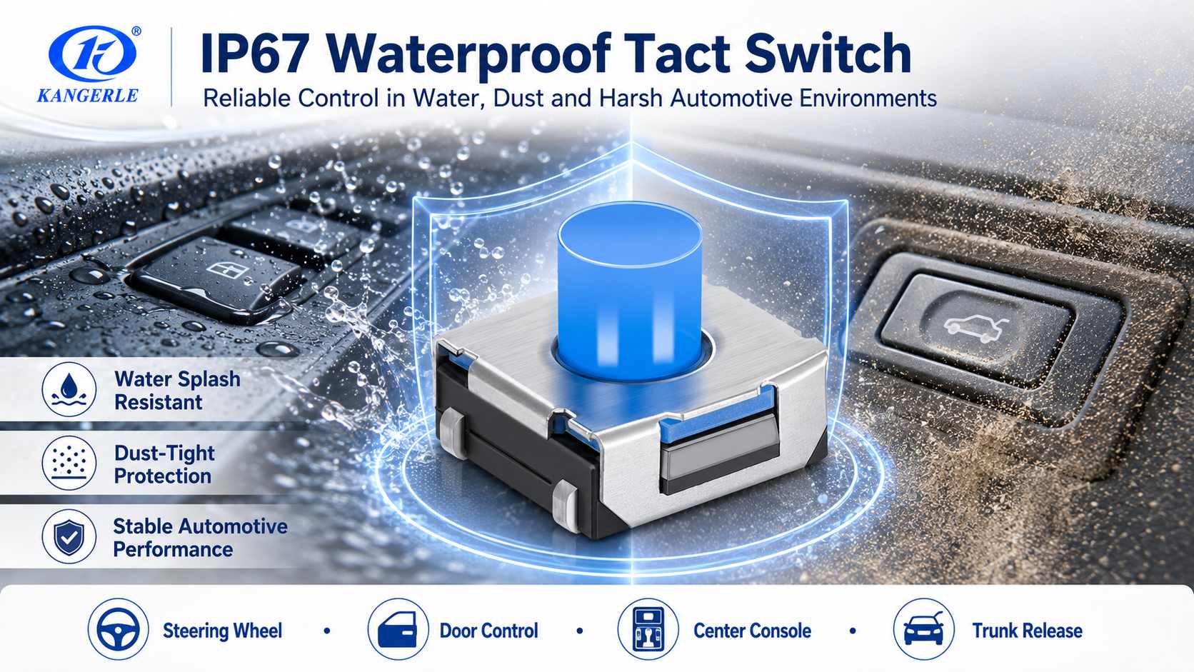 Automotive Tactile Switch Selection Guide: Applications for Steering Wheels, Center Consoles, Power Windows, and Tailgates插图1 IP67 Waterproof Tact Switch
