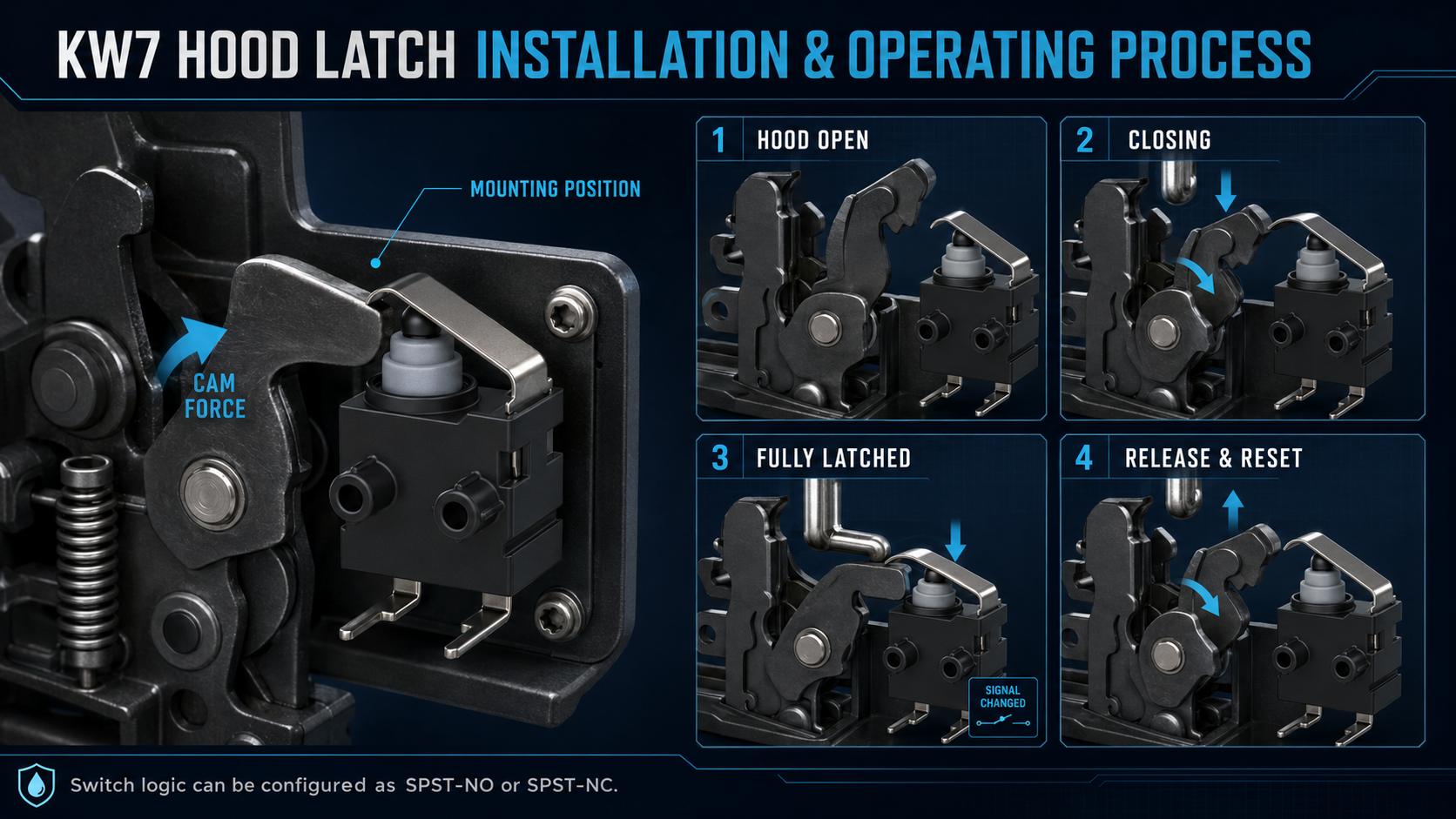 KW7 Waterproof Micro Switch: A Reliable Hood Latch Detection Solution插图5 KW7 HOOD LATCH INSTALLATION & OPERATING PROCESS