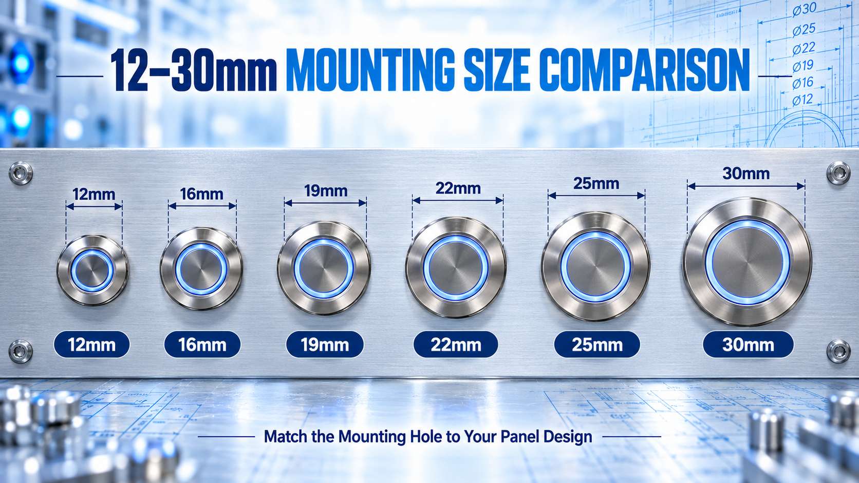 Metal Push Button Switch Specification Guide: Voltage, Current, IP Rating and Life Cycle插图2 12–30mm MOUNTING SIZE COMPARISON