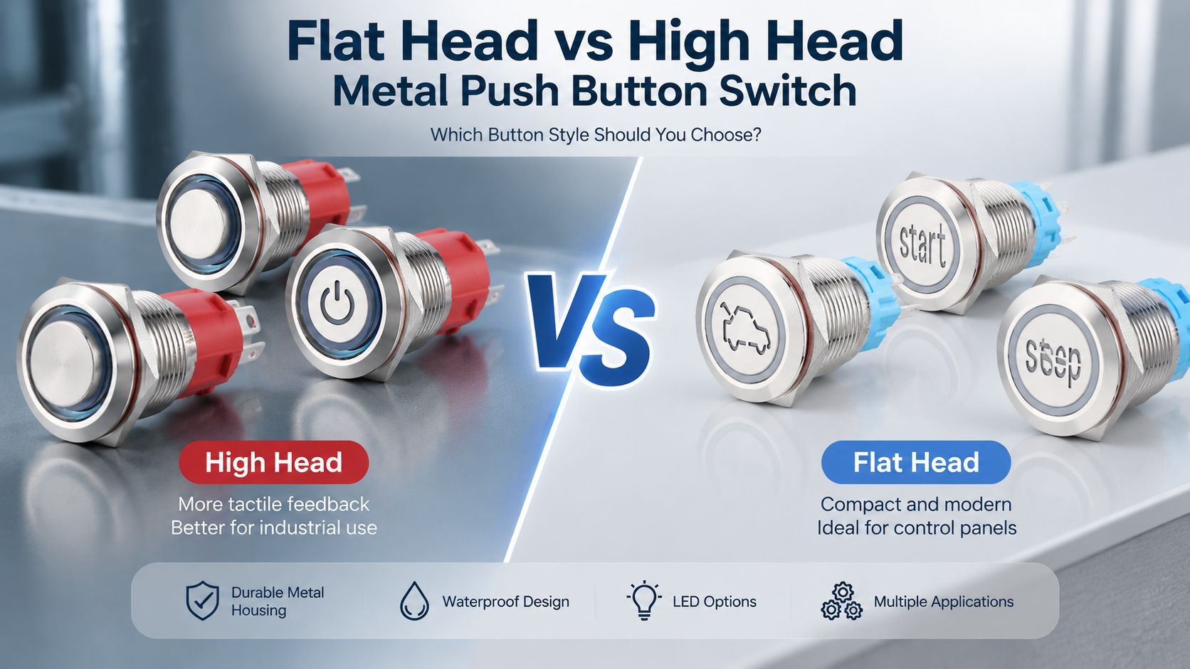 Flat Head vs High Head Metal Push Button Switch: How to Choose?插图 Flat Head vs High Head Metal Push Button Switch How to Choose