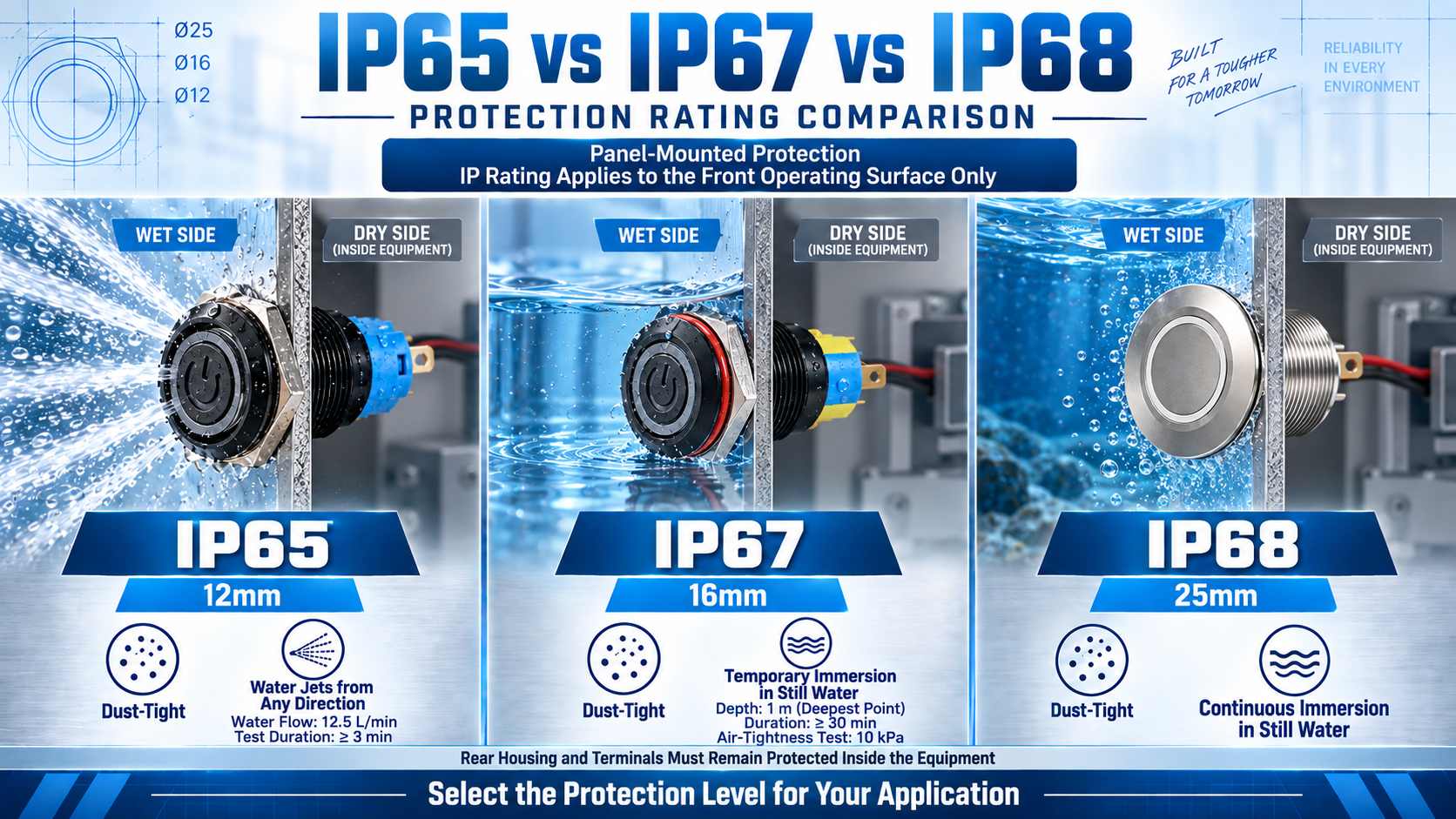 Metal Push Button Switch Specification Guide: Voltage, Current, IP Rating and Life Cycle插图1 IP65 vs IP67 vs IP68