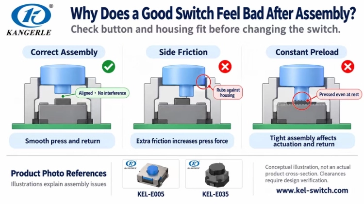 Tactile Switch Button Too Stiff, No Feedback, or Not Returning? Causes and Selection Guide插图1 Button Too Stiff Check Friction Before Operating Force