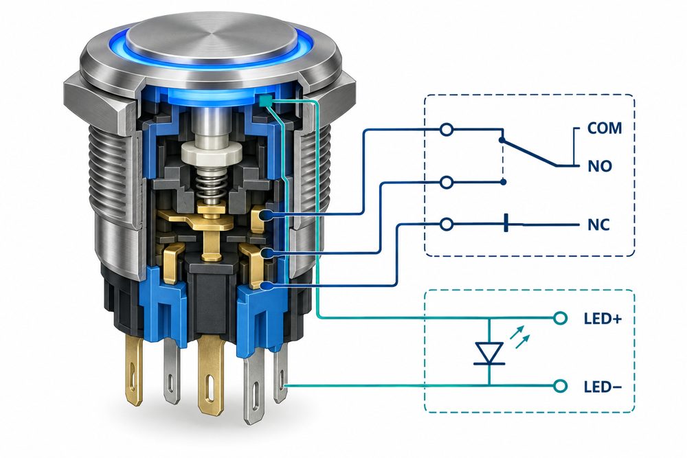 Why Are 22mm Metal Push Button Switches Widely Used in Industrial Control Panels?插图1 Structure of the Metal Push-Button Switch